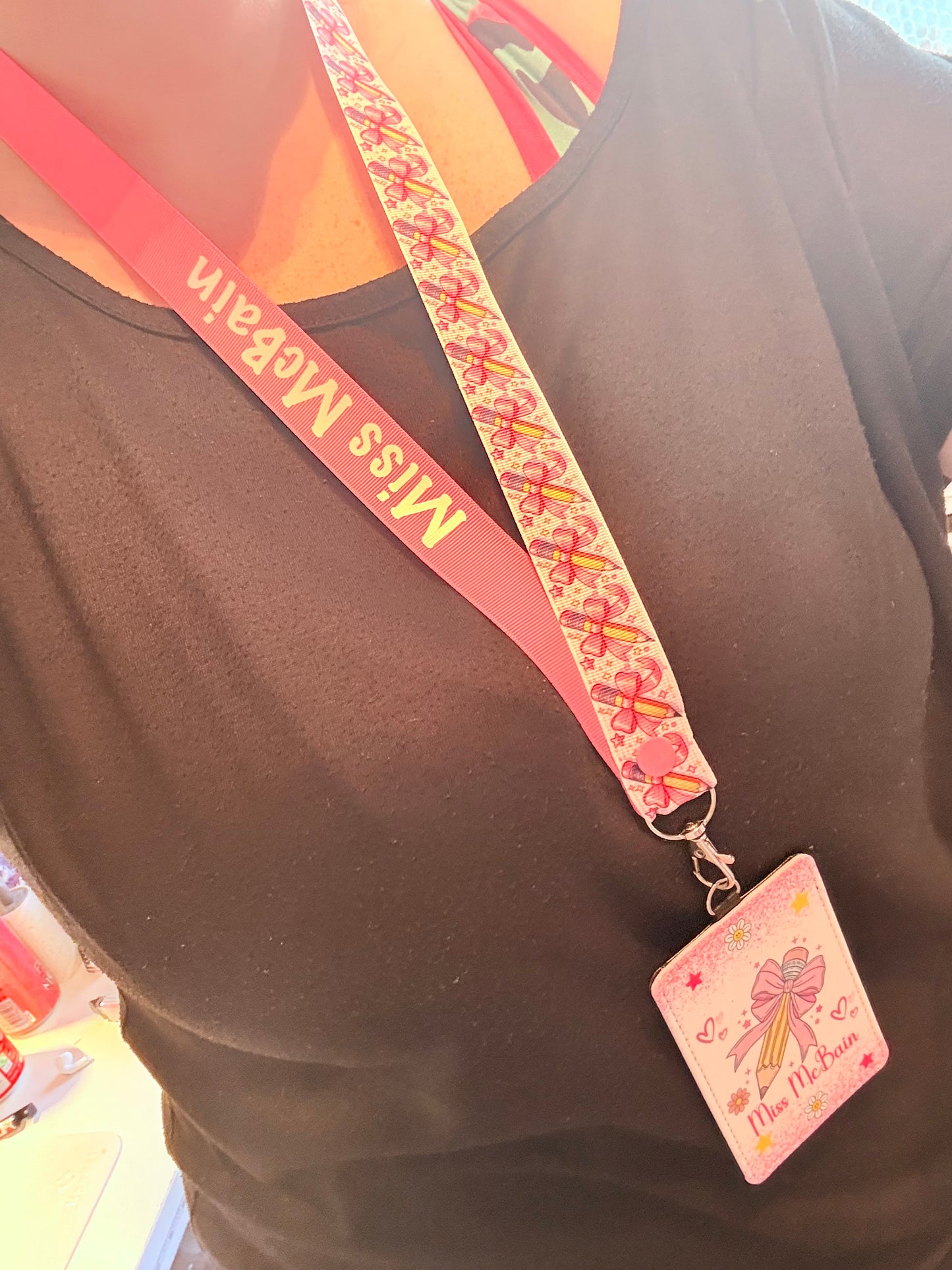 Pink Bow Pencils Print Personalised Lanyard & ID Card Holder Duo
