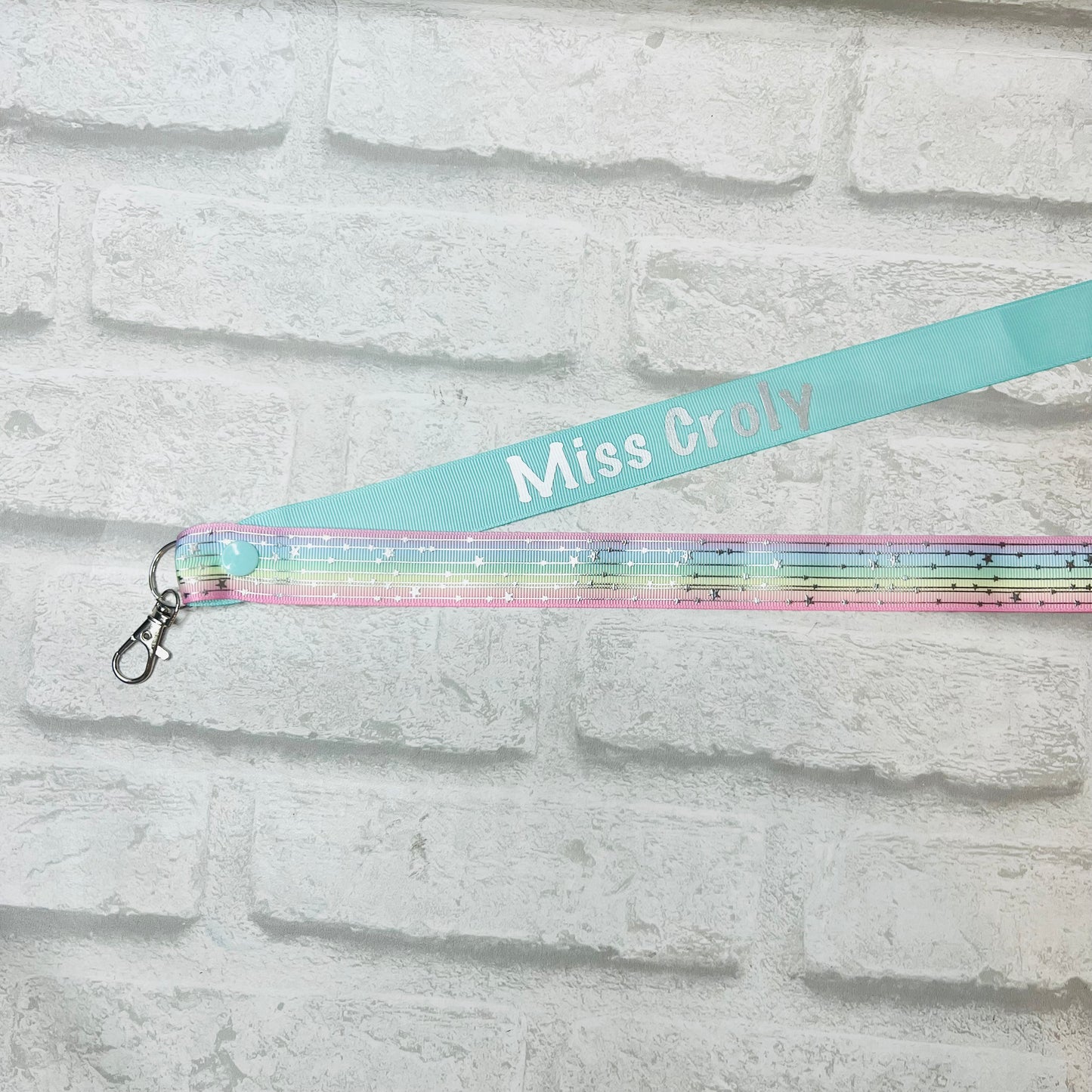 Pastel Rainbow Silver Stars Personalised Lanyard