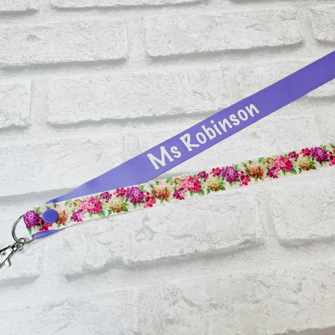 Lilac Floral Print Personalised Lanyard