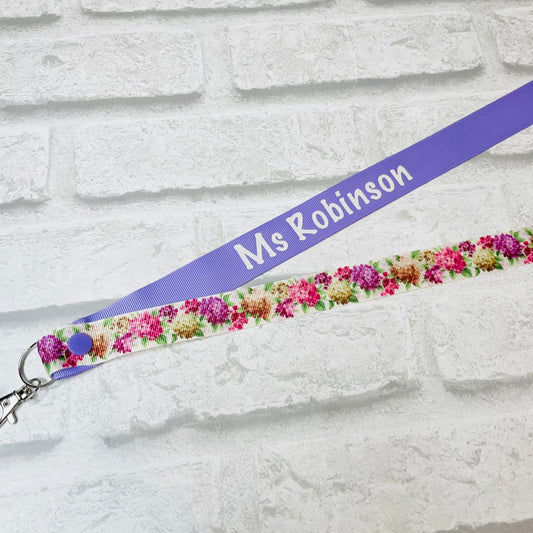 Lilac Floral Print Personalised Lanyard