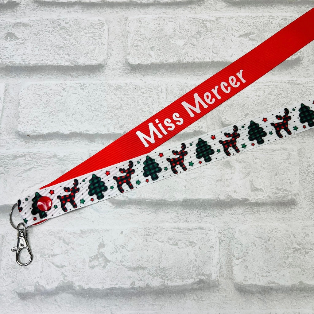 Christmas Tree & Reindeer Check Print Personalised Lanyard