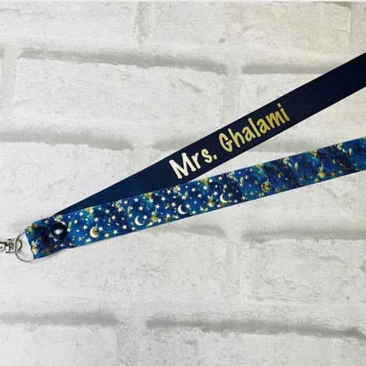 Navy Marble Moon & Star Print Personalised Lanyard