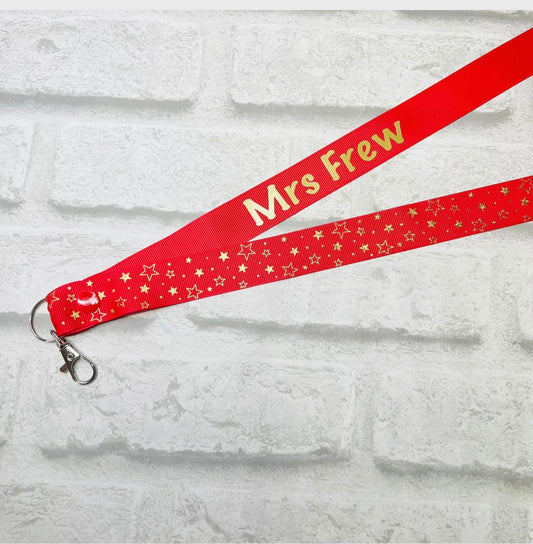 Red Gold Star Print Personalised Lanyard