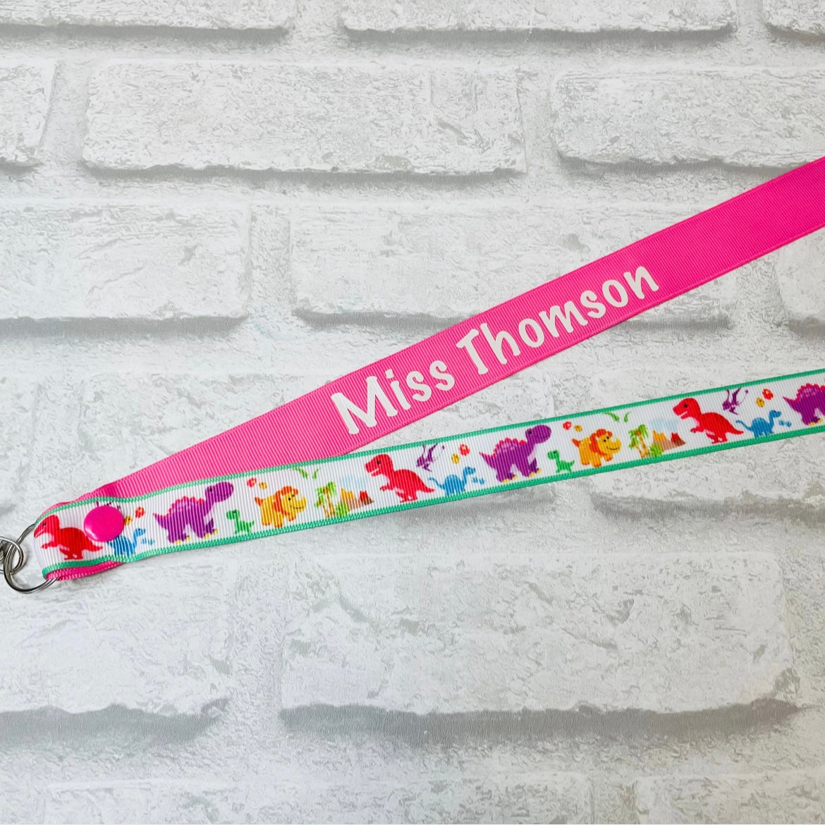 White Dino Print Personalised Lanyard