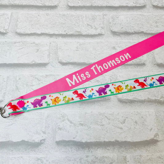 White Dino Print Personalised Lanyard