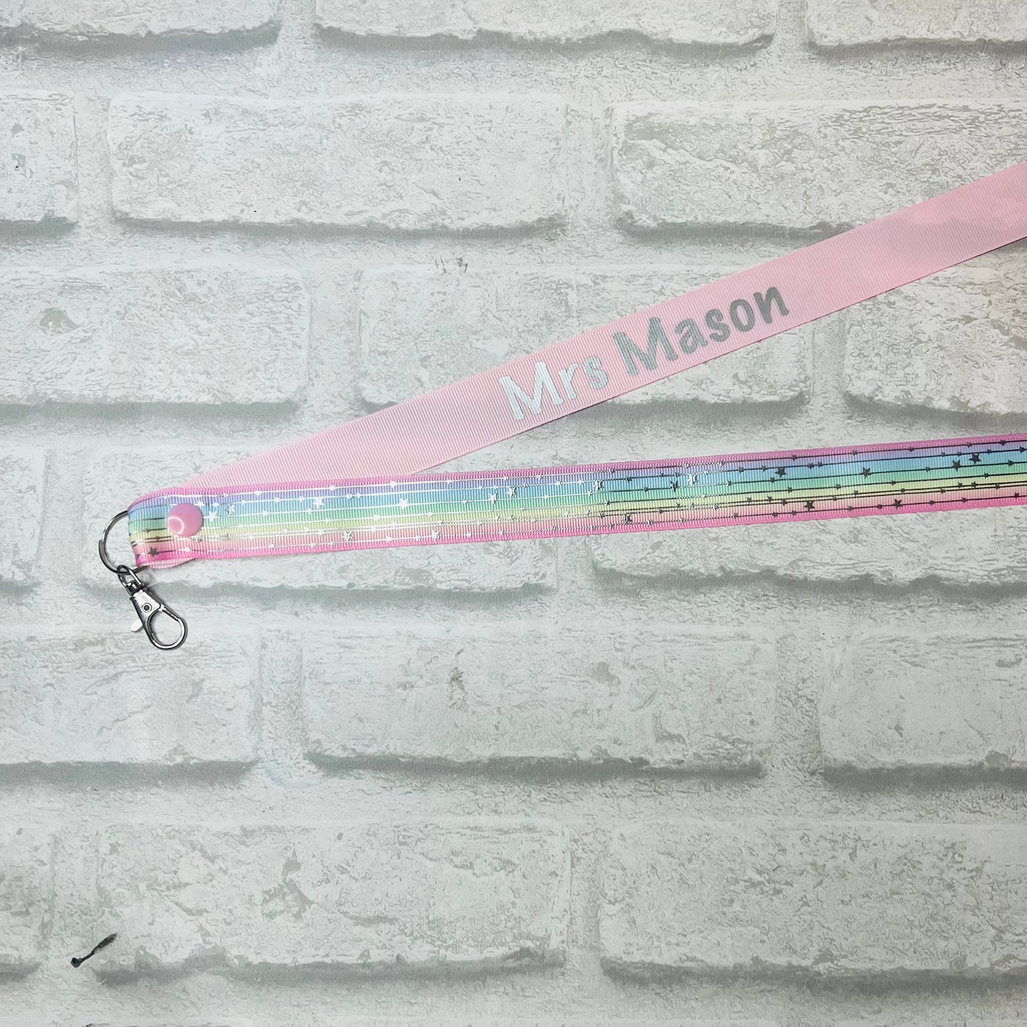 Pastel Rainbow Silver Stars Personalised Lanyard