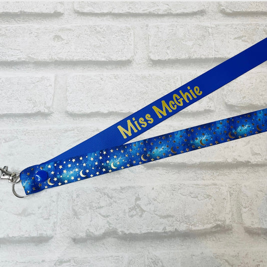 Blue Mystic Moon & Star Print Personalised Lanyard