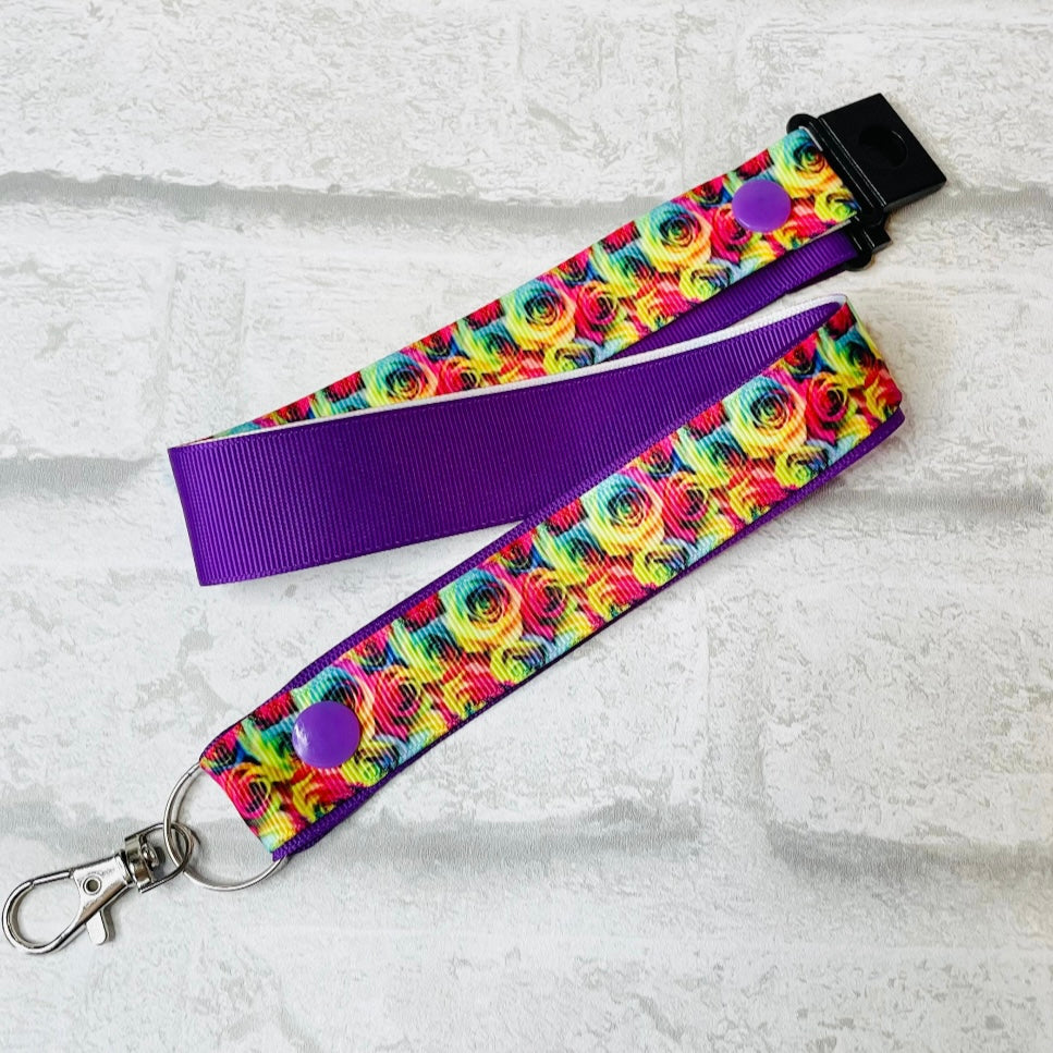 Rainbow Roses Floral Print Personalised Lanyard