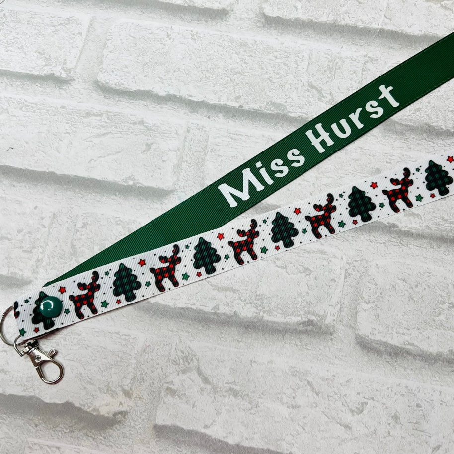 Christmas Tree & Reindeer Check Print Personalised Lanyard