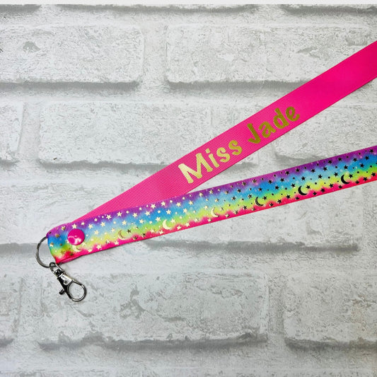 Pink Rainbow Moon & Star Print Personalised Lanyard