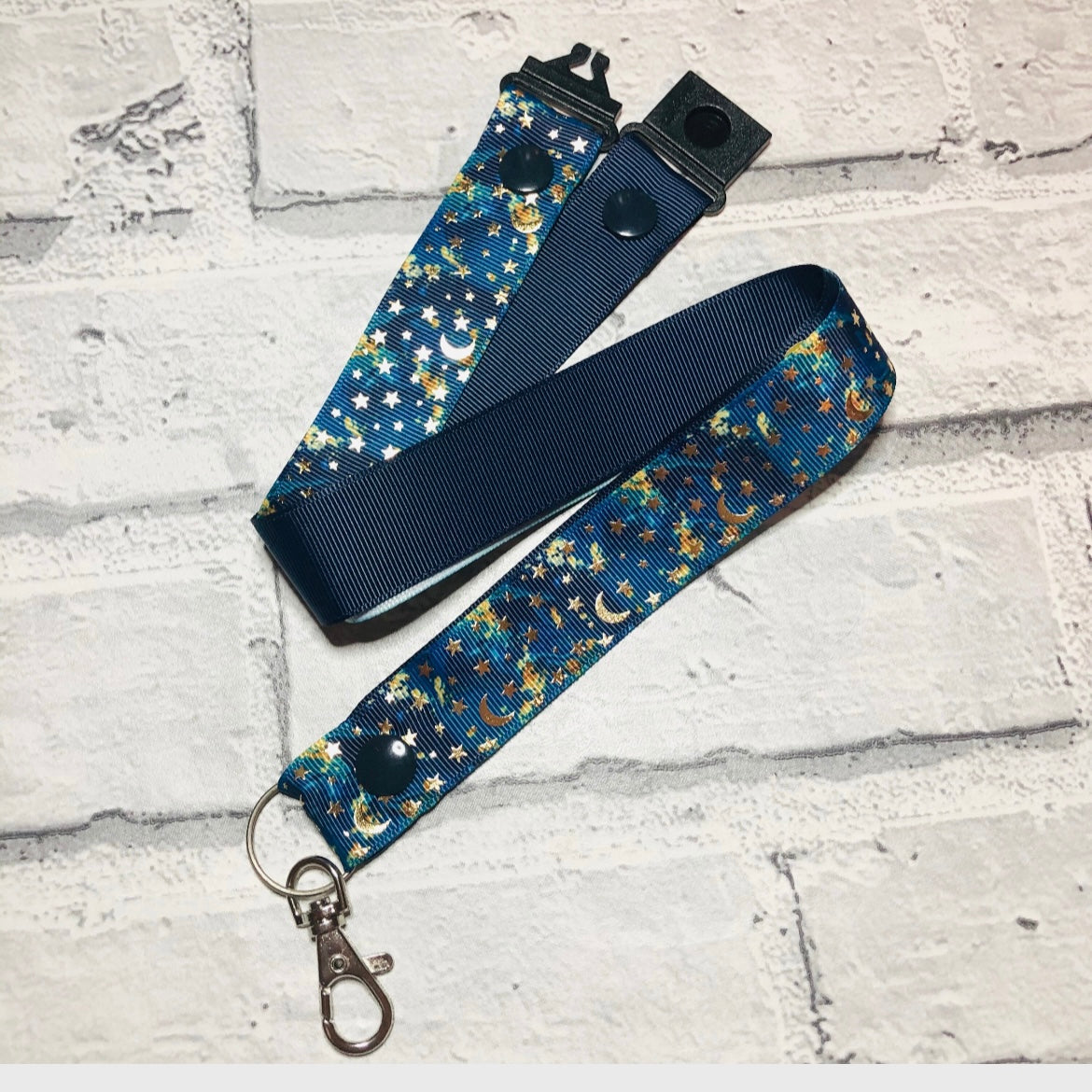 Navy Marble Moon & Star Print Personalised Lanyard