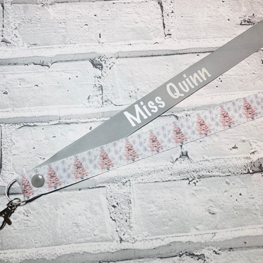 Pink Christmas Tree Print Personalised Lanyard