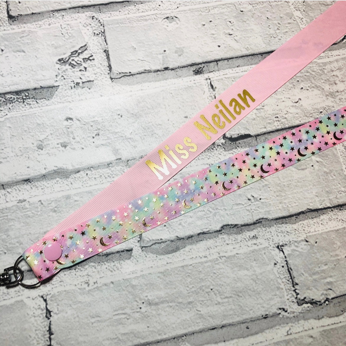 Pink Pastel Tie Dye Moon & Star Print Personalised Lanyard