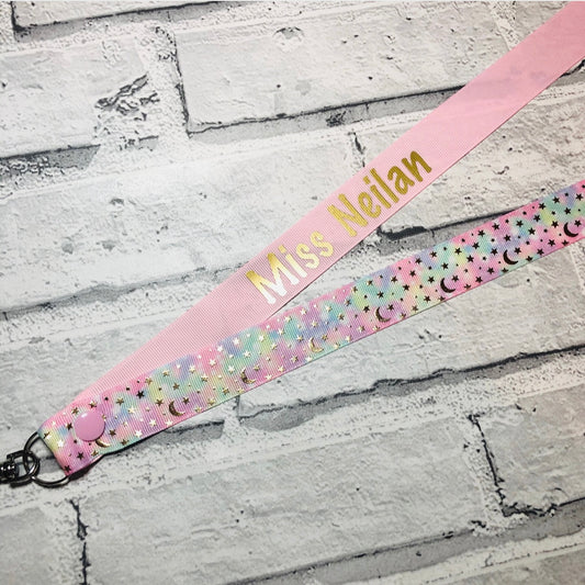 Pink Pastel Tie Dye Moon & Star Print Personalised Lanyard