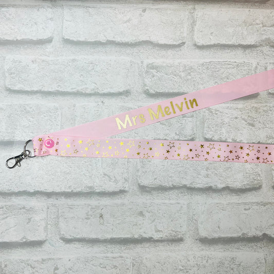 Pale Pink Gold Star Print Personalised Lanyard