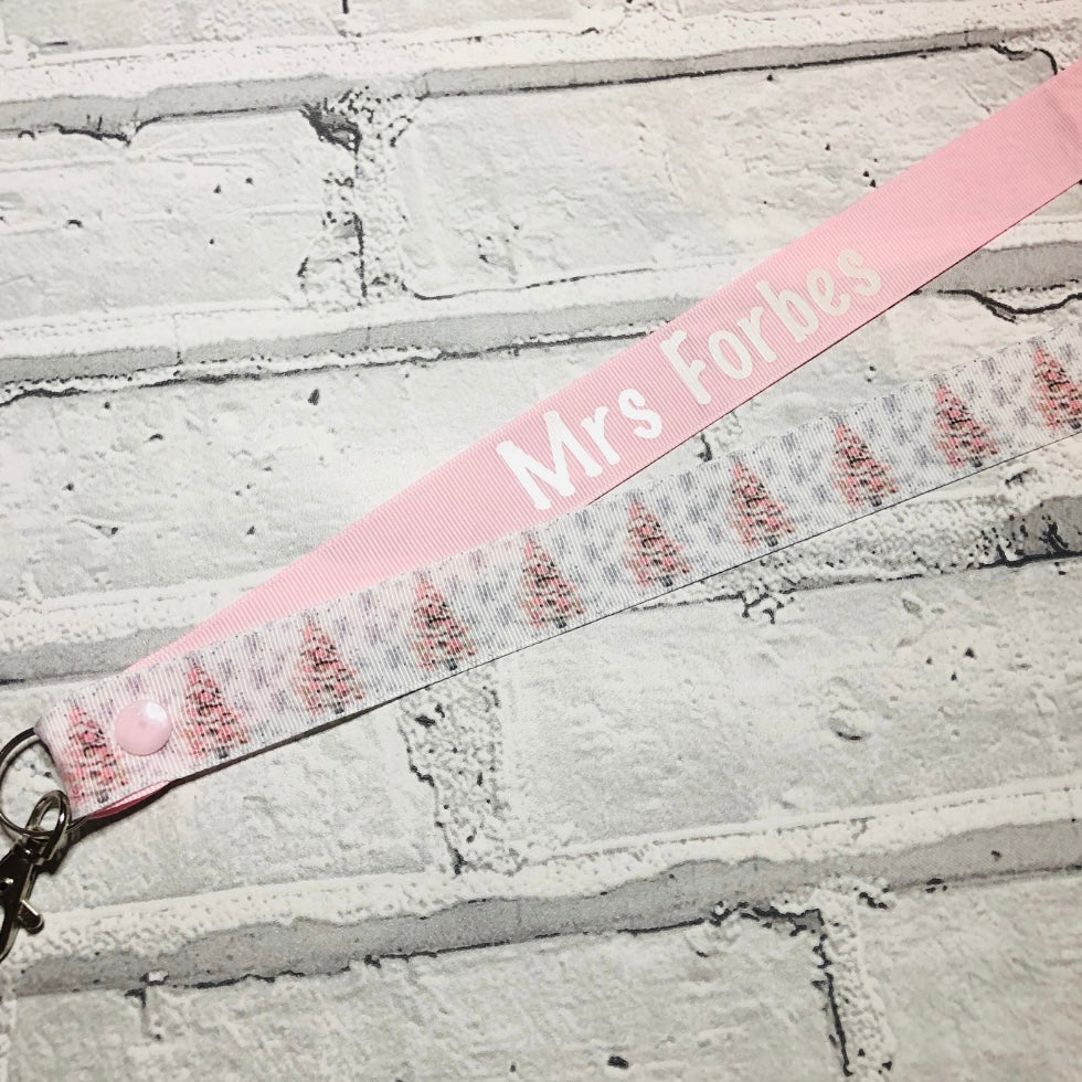 Pink Christmas Tree Print Personalised Lanyard