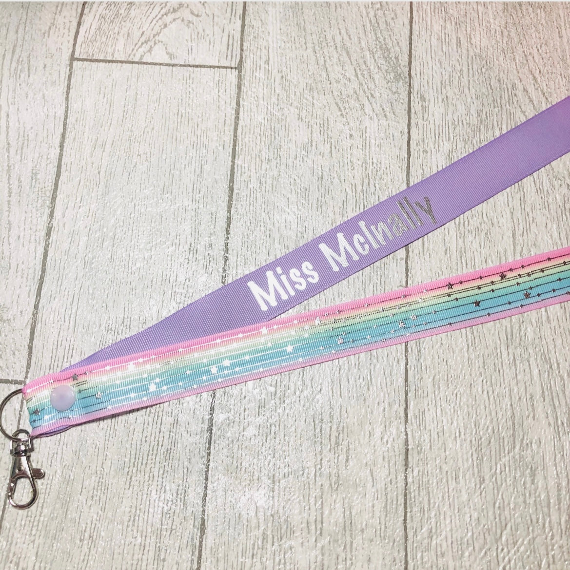 Pastel Rainbow Silver Stars Personalised Lanyard