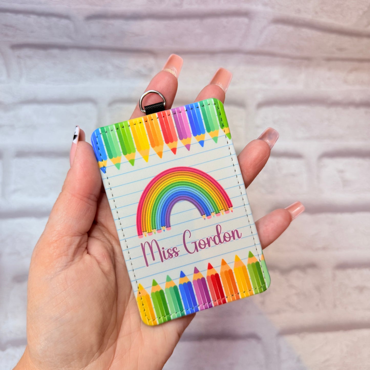 New Rainbow Pencils Print Personalised Lanyard & ID Card Holder Duo