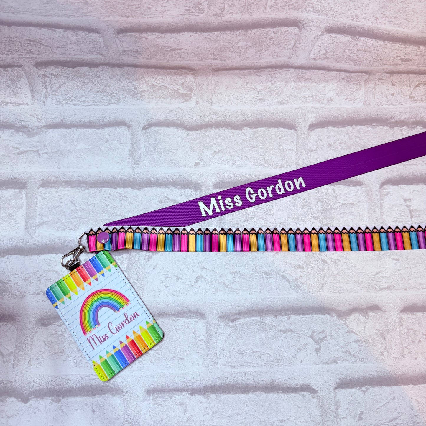 New Rainbow Pencils Print Personalised Lanyard & ID Card Holder Duo