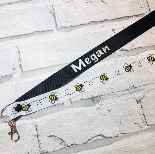 White Bee Print Personalised Lanyard