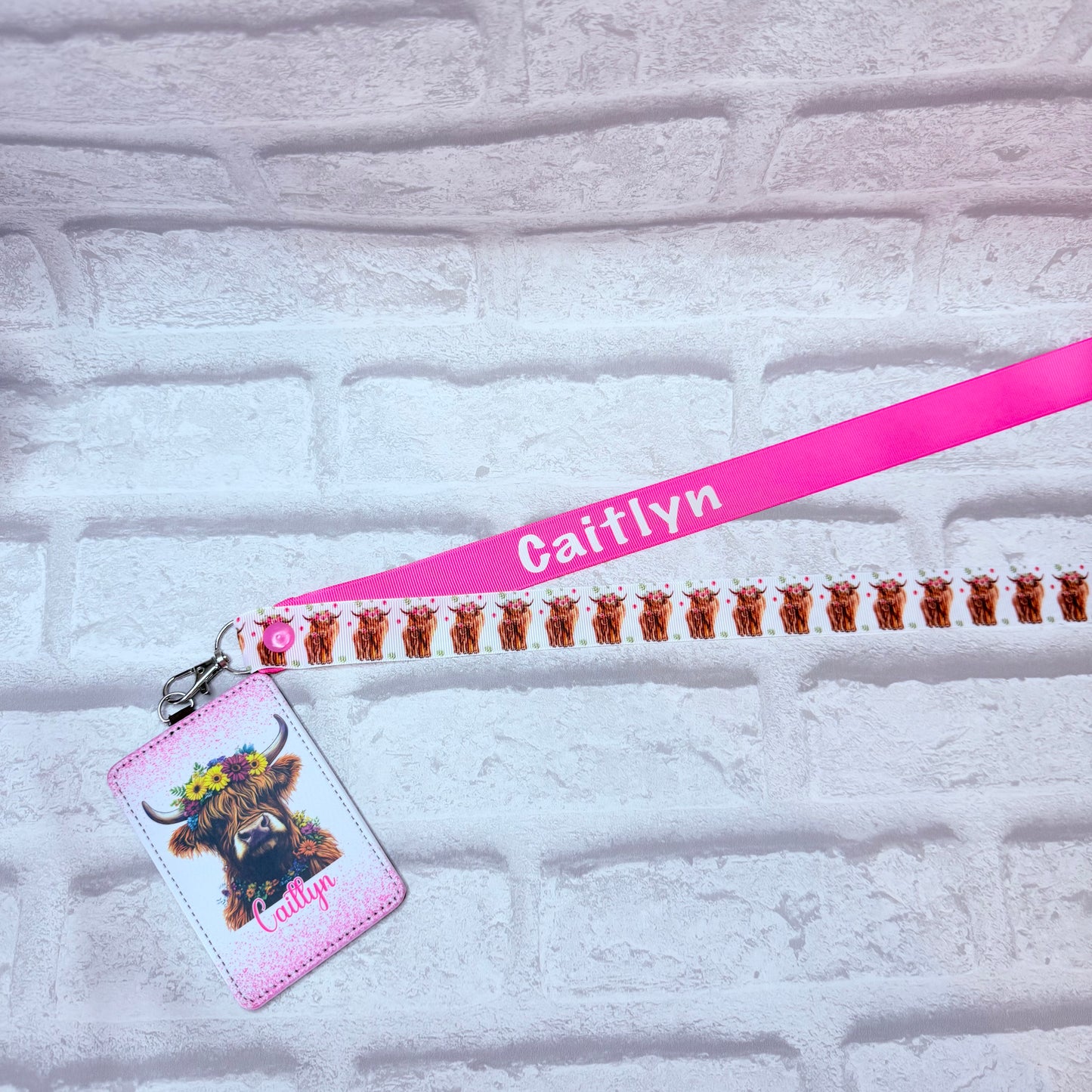 Highland Cow Print Personalised Lanyard & ID Card Holder Duo