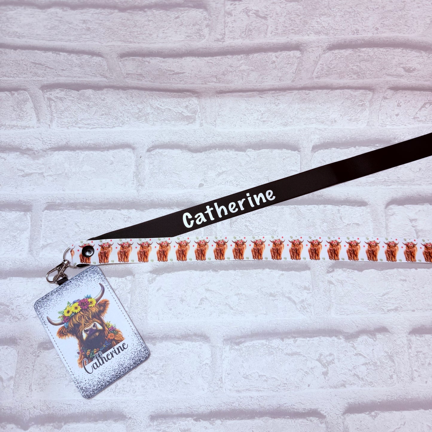 Highland Cow Print Personalised Lanyard & ID Card Holder Duo