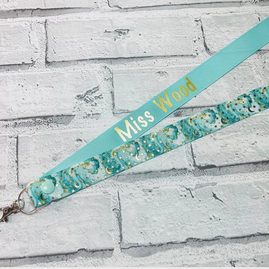 Aqua Marble Moon & Star Print Personalised Lanyard