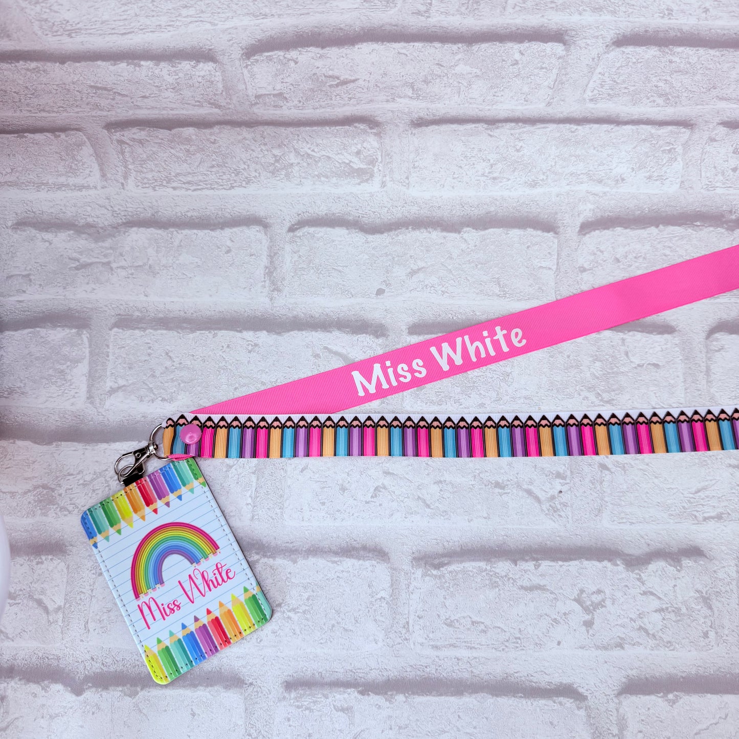 New Rainbow Pencils Print Personalised Lanyard & ID Card Holder Duo - Cursive