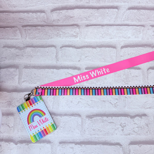 New Rainbow Pencils Print Personalised Lanyard & ID Card Holder Duo - Cursive