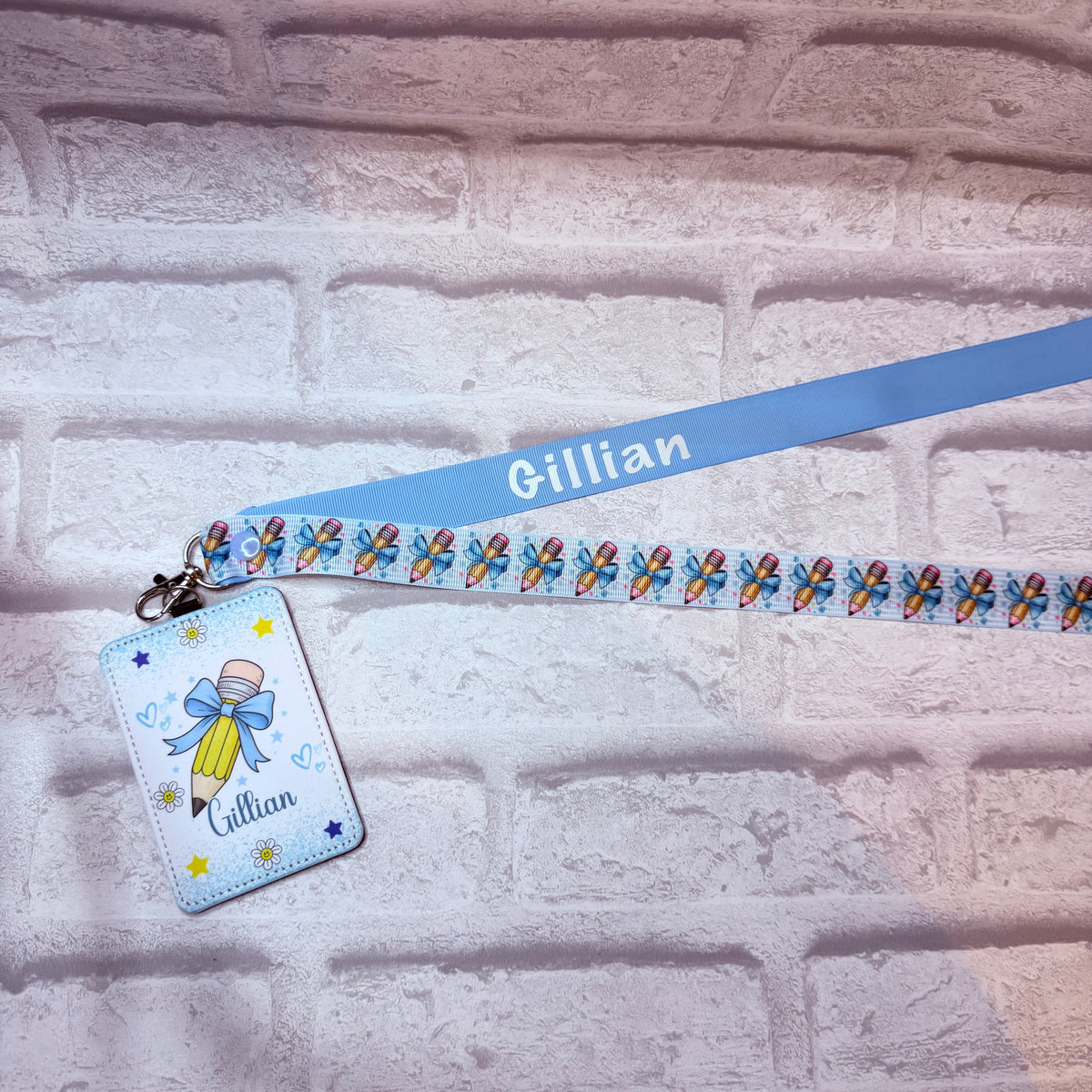 Blue Bow Pencils Print Personalised Lanyard & ID Card Holder Duo