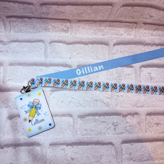 Blue Bow Pencils Print Personalised Lanyard & ID Card Holder Duo