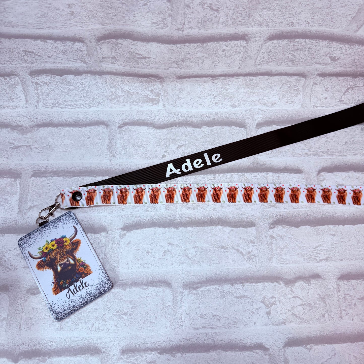 Highland Cow Print Personalised Lanyard & ID Card Holder Duo
