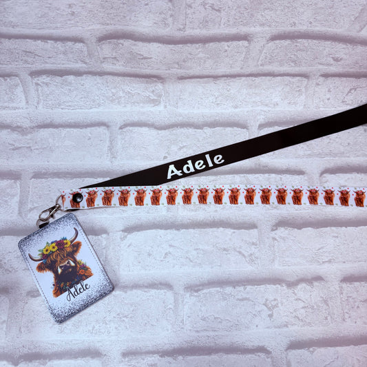 Highland Cow Print Personalised Lanyard & ID Card Holder Duo