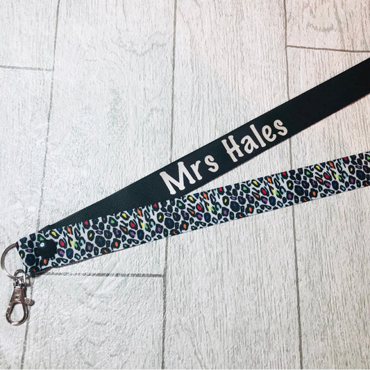 Leopard (Black/White/Rainbow) Print Personalised Lanyard