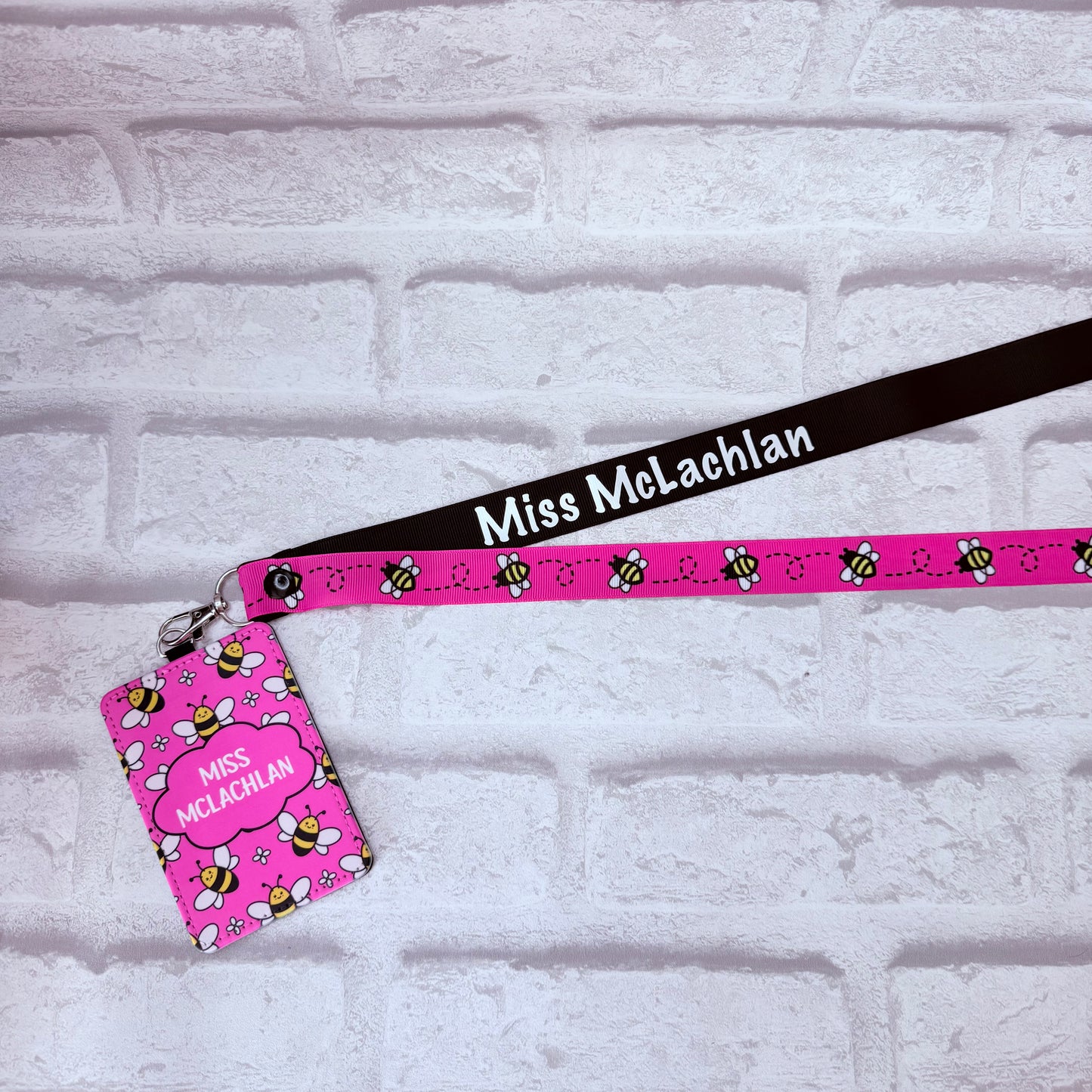 Pink Bee Print Personalised Lanyard & ID Card Holder Duo