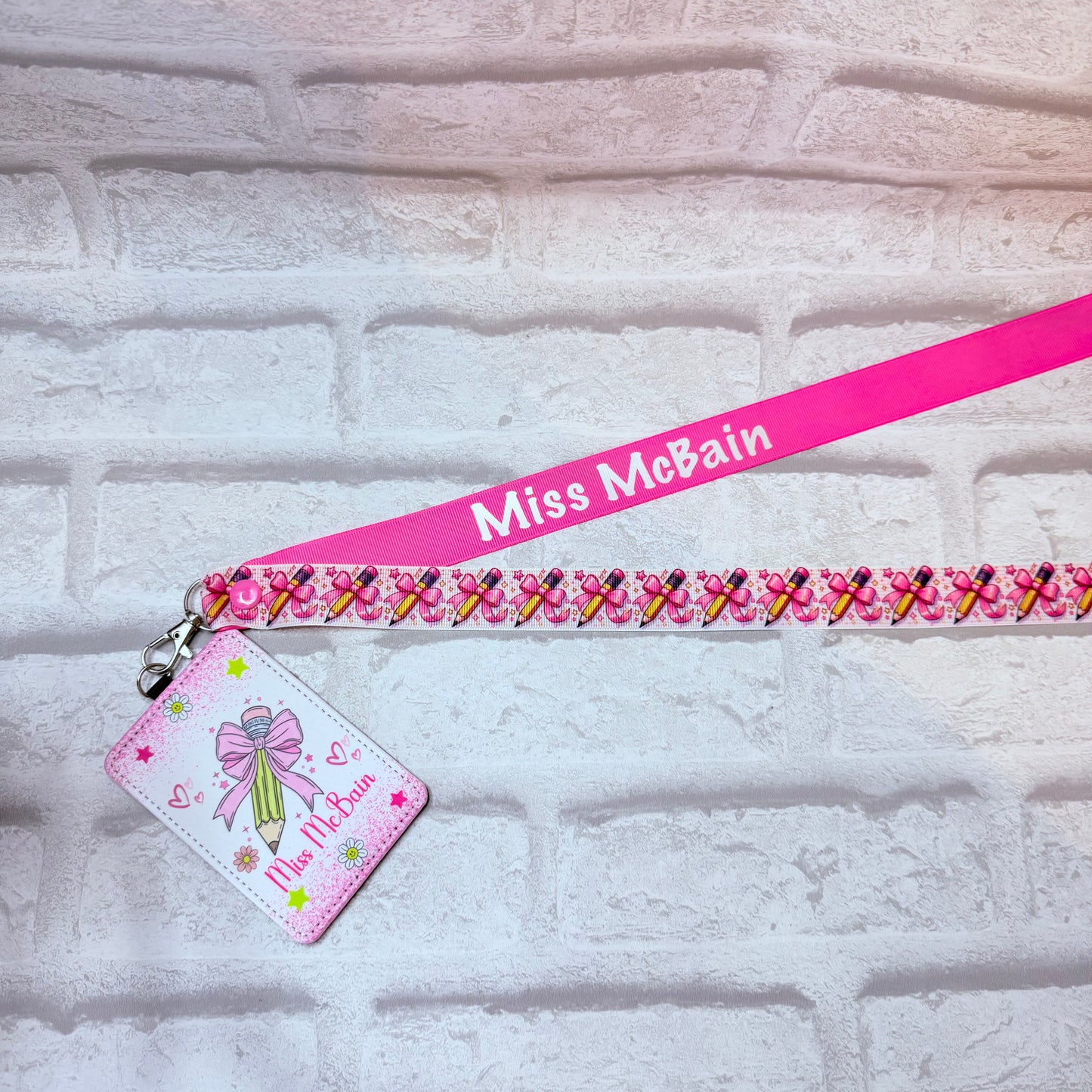 Pink Bow Pencils Print Personalised Lanyard & ID Card Holder Duo