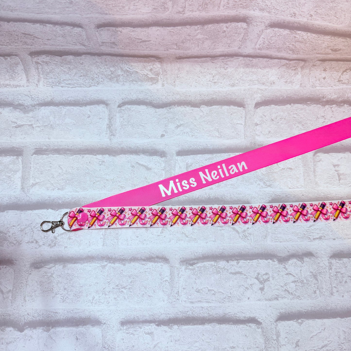 Pink Bow Pencils Print Personalised Lanyard