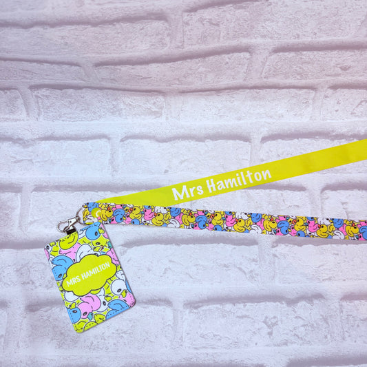 Rainbow Ducks Print Personalised Lanyard & ID Card Holder Duo