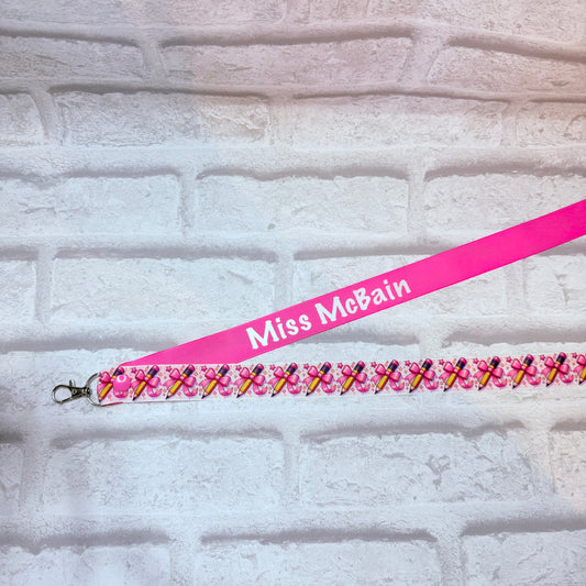 Pink Bow Pencils Print Personalised Lanyard