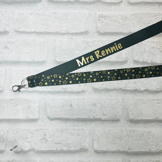 Black Gold Star Print Personalised Lanyard