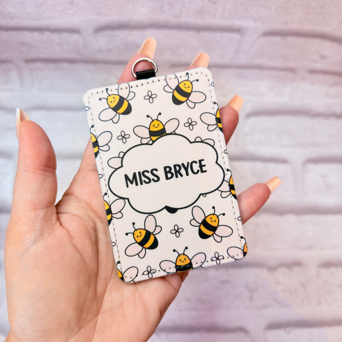 White Bee Print Personalised Lanyard & ID Card Holder Duo