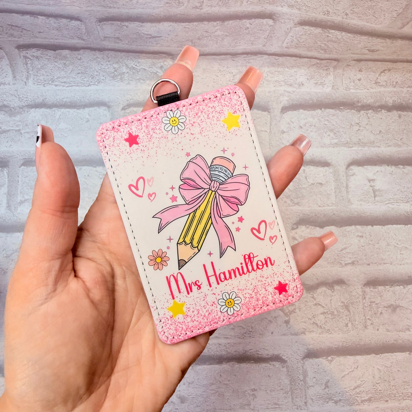 Pink Bow Pencils Print Personalised Lanyard & ID Card Holder Duo