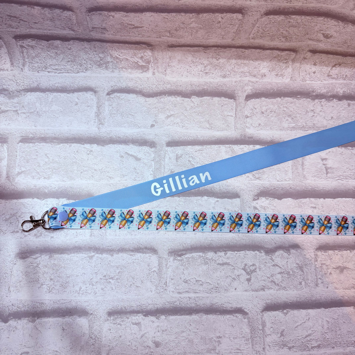 Blue Bow Pencils Print Personalised Lanyard & ID Card Holder Duo