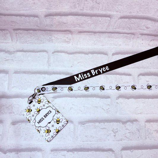 White Bee Print Personalised Lanyard & ID Card Holder Duo