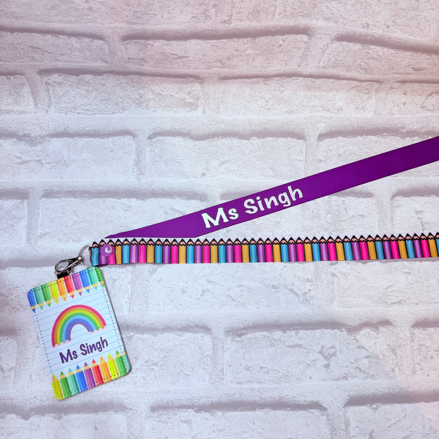 New Rainbow Pencils Print Personalised Lanyard & ID Card Holder Duo - Block