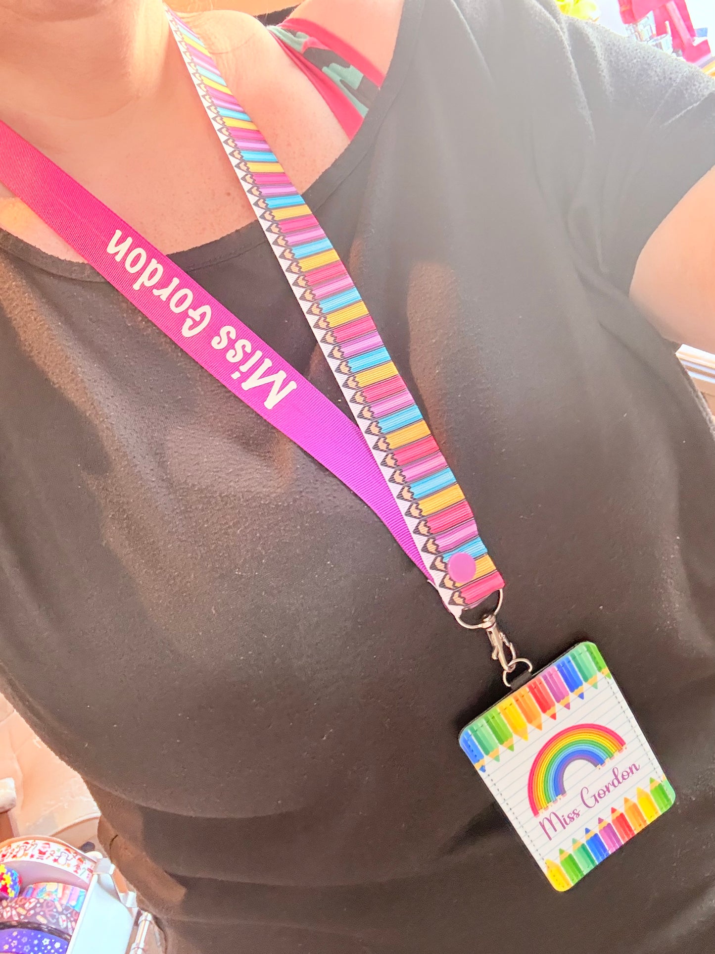 New Rainbow Pencils Print Personalised Lanyard & ID Card Holder Duo