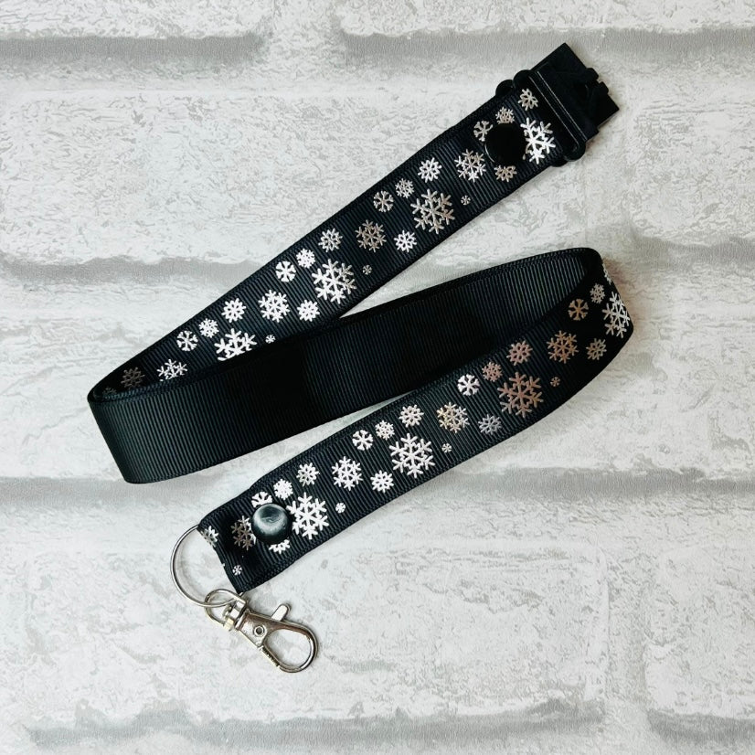 Christmas Black Silver Snowflake Print Personalised Lanyard
