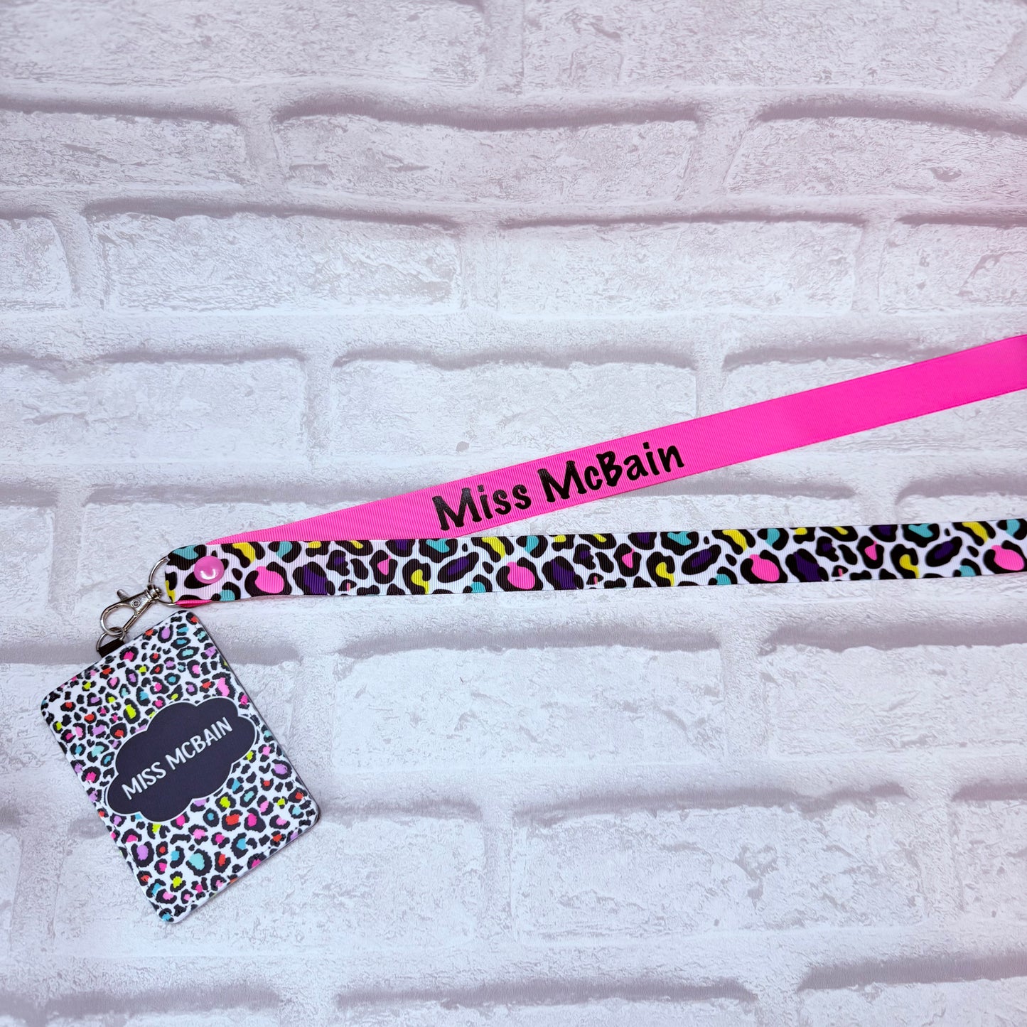 Pink Large Rainbow Leopard Print Personalised Lanyard & ID Card Holder Duo