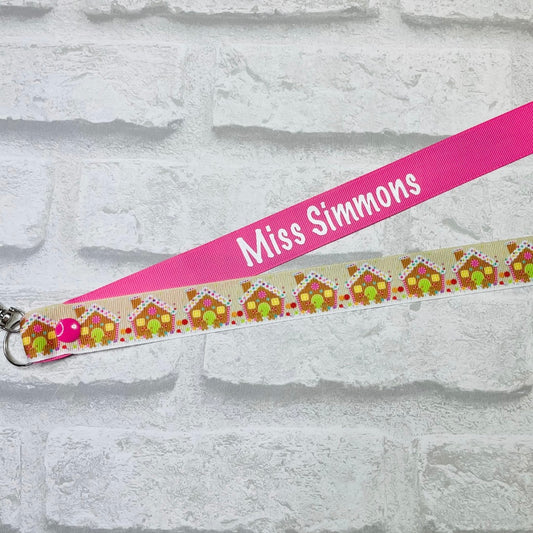Pink Gingerbread House Print Personalised Lanyard