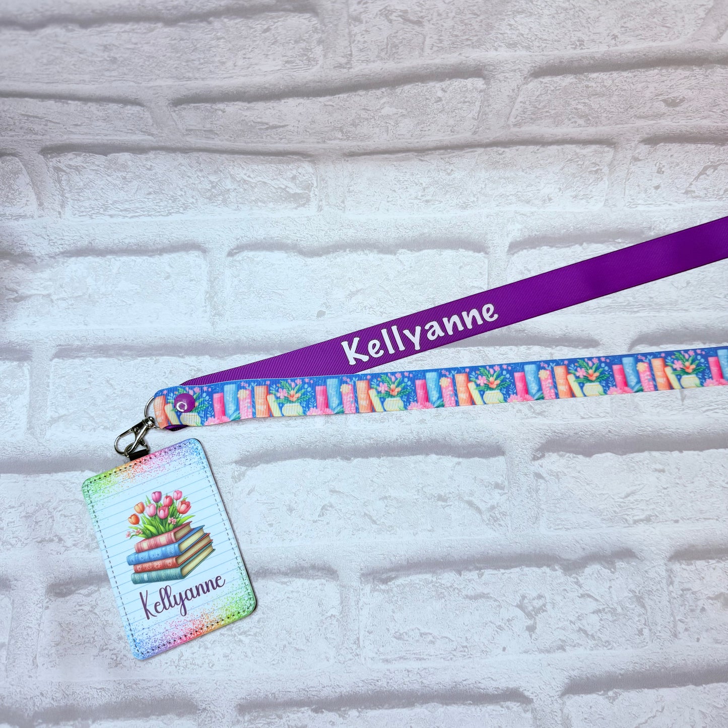 Pastel Floral Books Print Personalised Lanyard & ID Card Holder Duo